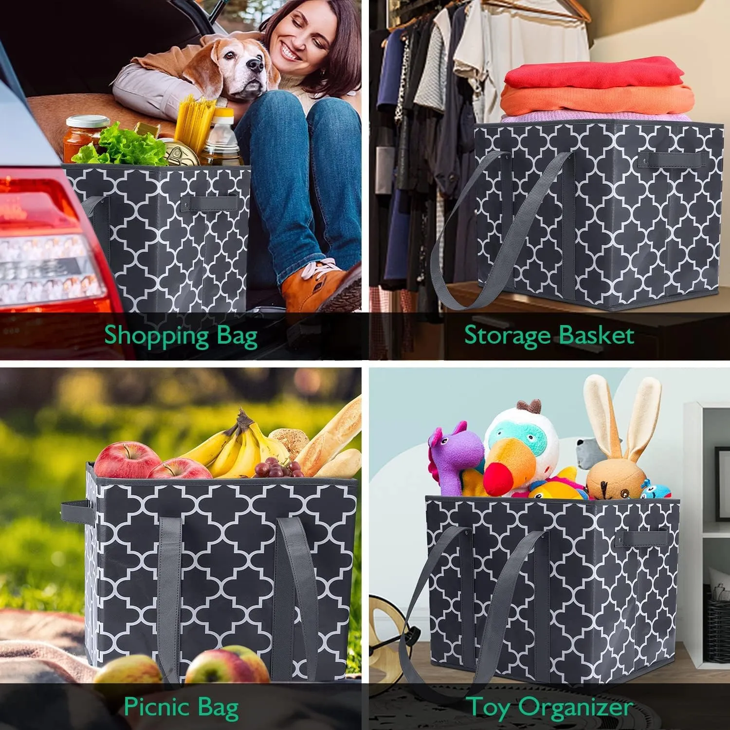 WISELIFE Reusable Grocery Bags 6-Pack Foldable Washable Large Storage Bins Basket Water Resistant Shopping Tote Bag Dark Grey