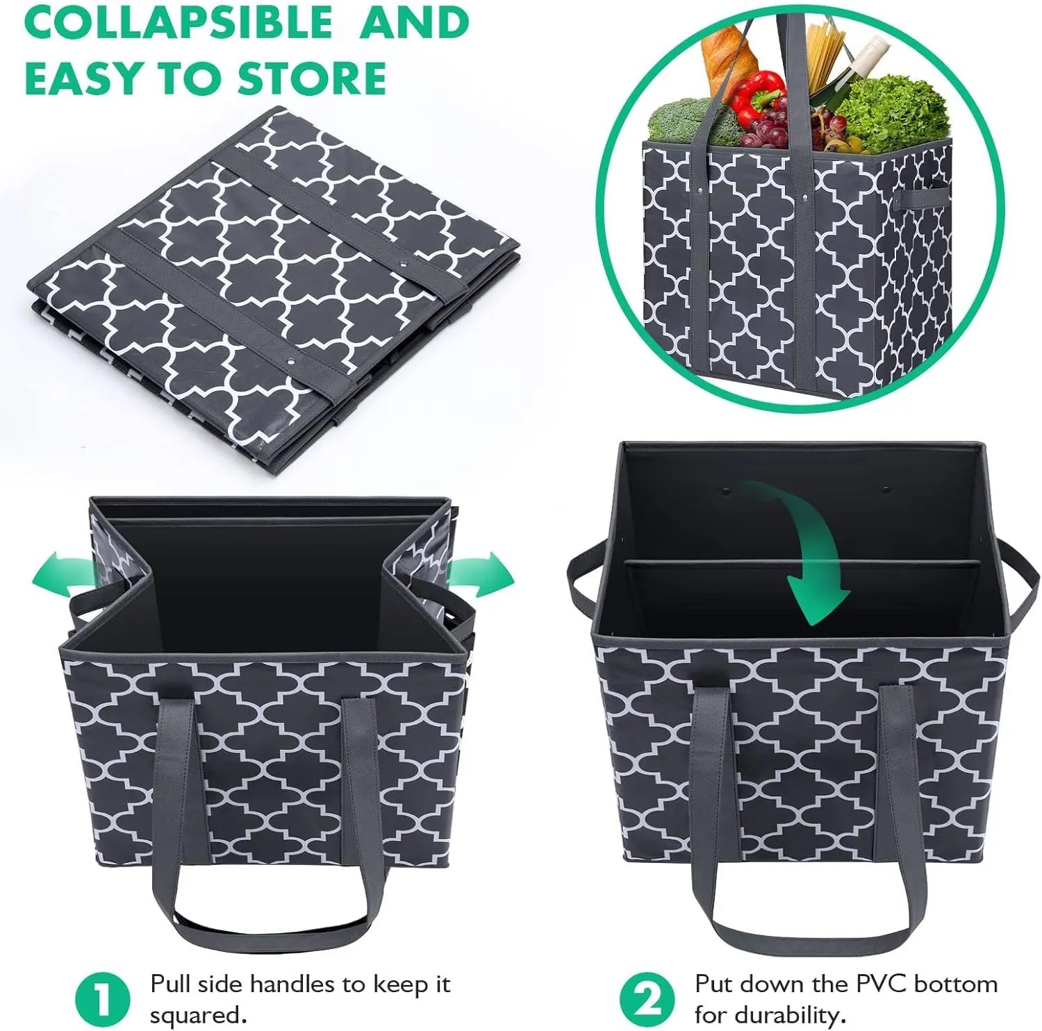 WISELIFE Reusable Grocery Bags 6-Pack Foldable Washable Large Storage Bins Basket Water Resistant Shopping Tote Bag Dark Grey