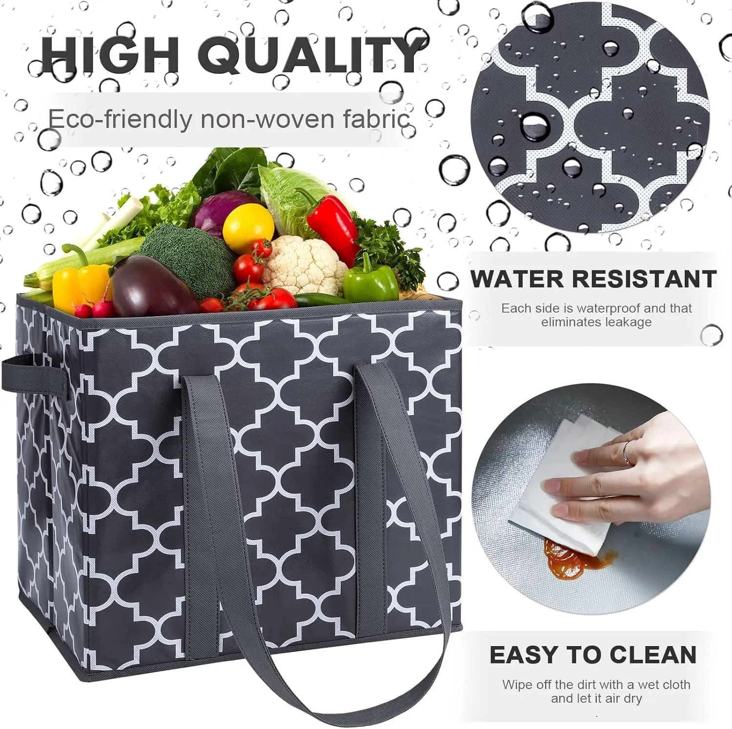 WISELIFE Reusable Grocery Bags 6-Pack Foldable Washable Large Storage Bins Basket Water Resistant Shopping Tote Bag Dark Grey
