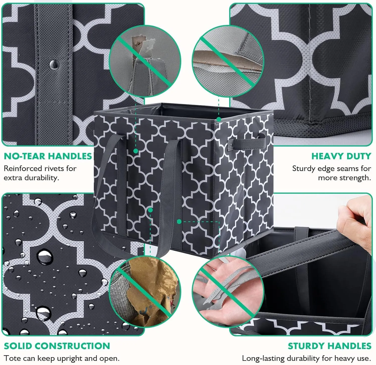 WISELIFE Reusable Grocery Bags 6-Pack Foldable Washable Large Storage Bins Basket Water Resistant Shopping Tote Bag Dark Grey