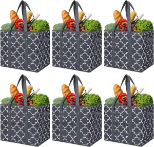 WISELIFE Reusable Grocery Bags 6-Pack Foldable Washable Large Storage Bins Basket Water Resistant Shopping Tote Bag Dark Grey