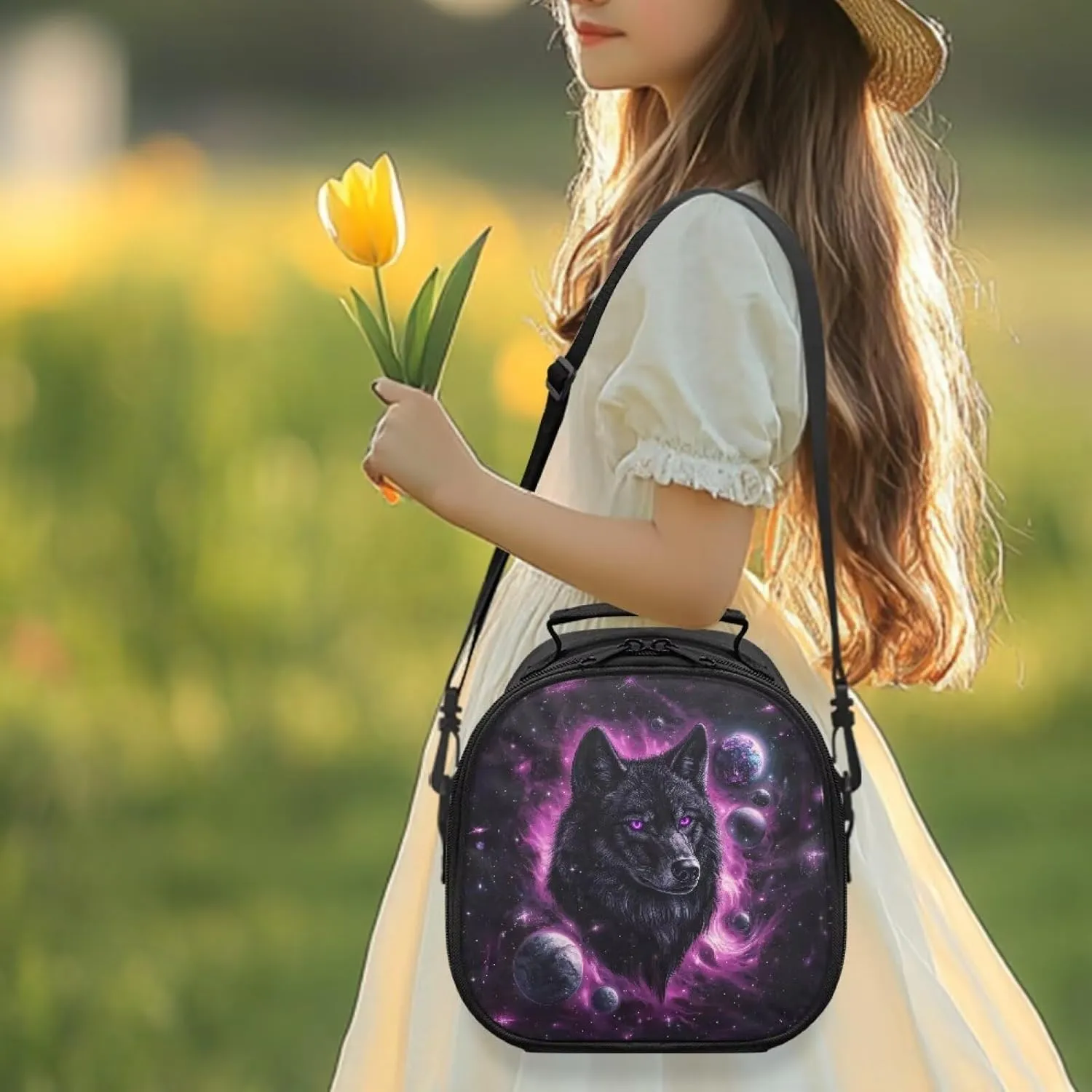 Wolf Lunch Bags Insulated Lunch Box Cooler Leakproof Soft Lunchbox with Adjustable Shoulder Strap Solar System Planet Lunchboxes Food Containers for Kids Back to School