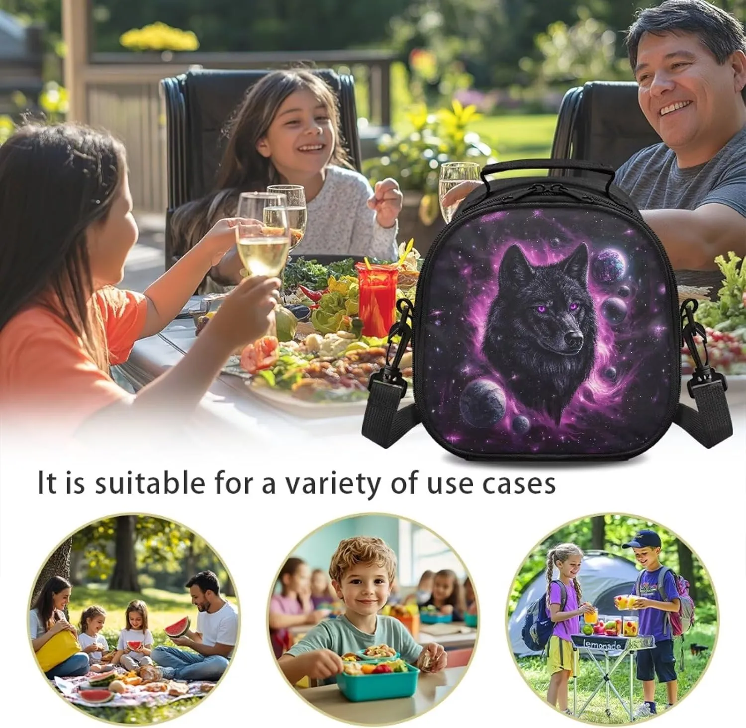 Wolf Lunch Bags Insulated Lunch Box Cooler Leakproof Soft Lunchbox with Adjustable Shoulder Strap Solar System Planet Lunchboxes Food Containers for Kids Back to School