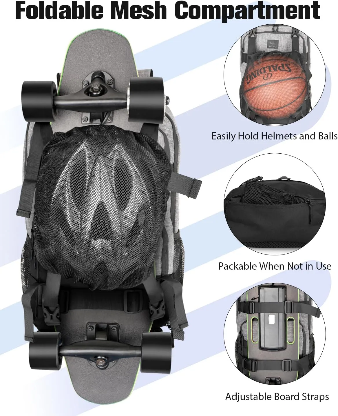 WOLT Skateboard Backpack, 15.6 Inch Laptop Backpack for Men Women, Sports Backpack with Ball Holder