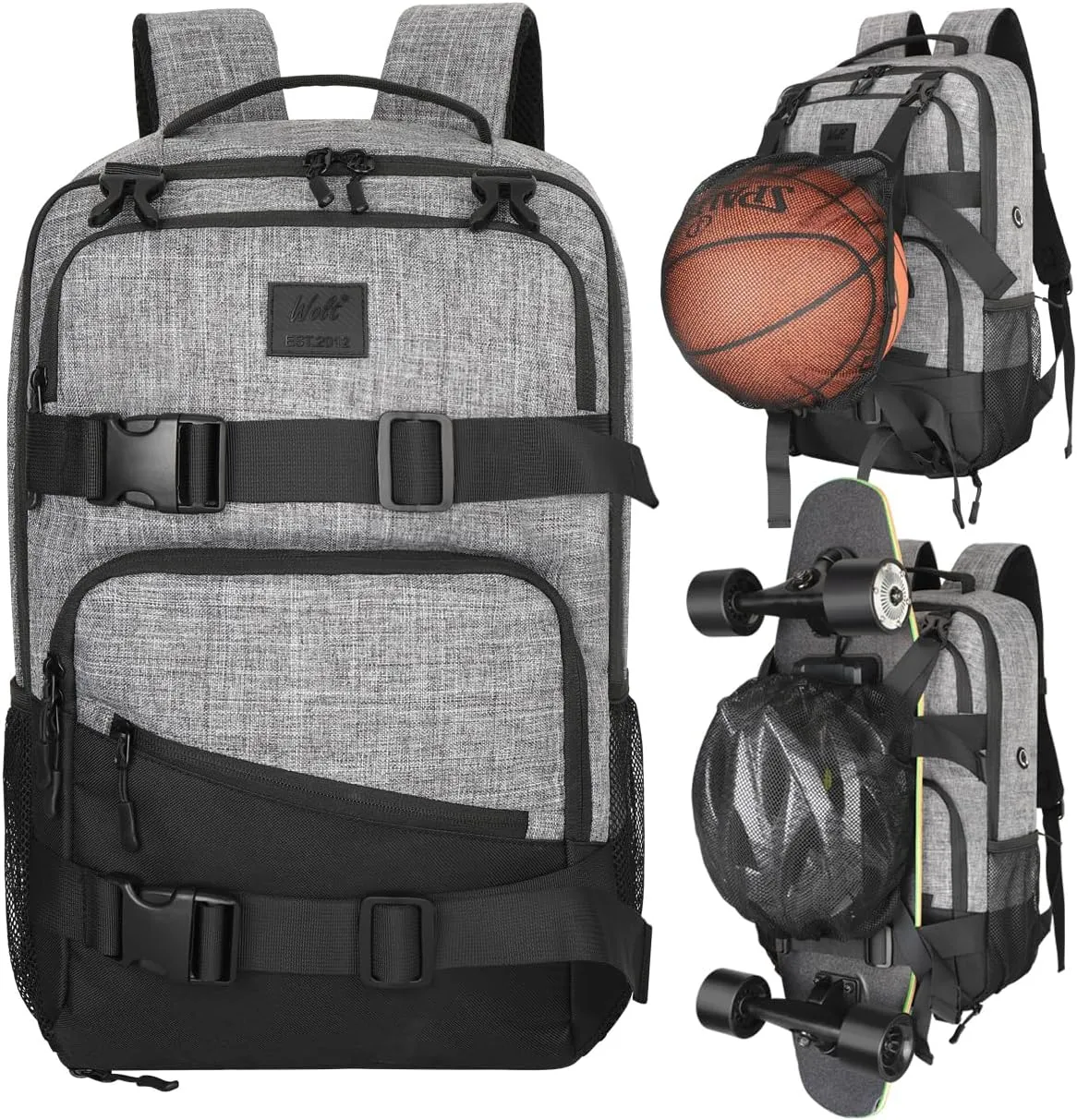 WOLT Skateboard Backpack, 15.6 Inch Laptop Backpack for Men Women, Sports Backpack with Ball Holder