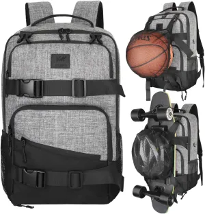 WOLT Skateboard Backpack, 15.6 Inch Laptop Backpack for Men Women, Sports Backpack with Ball Holder
