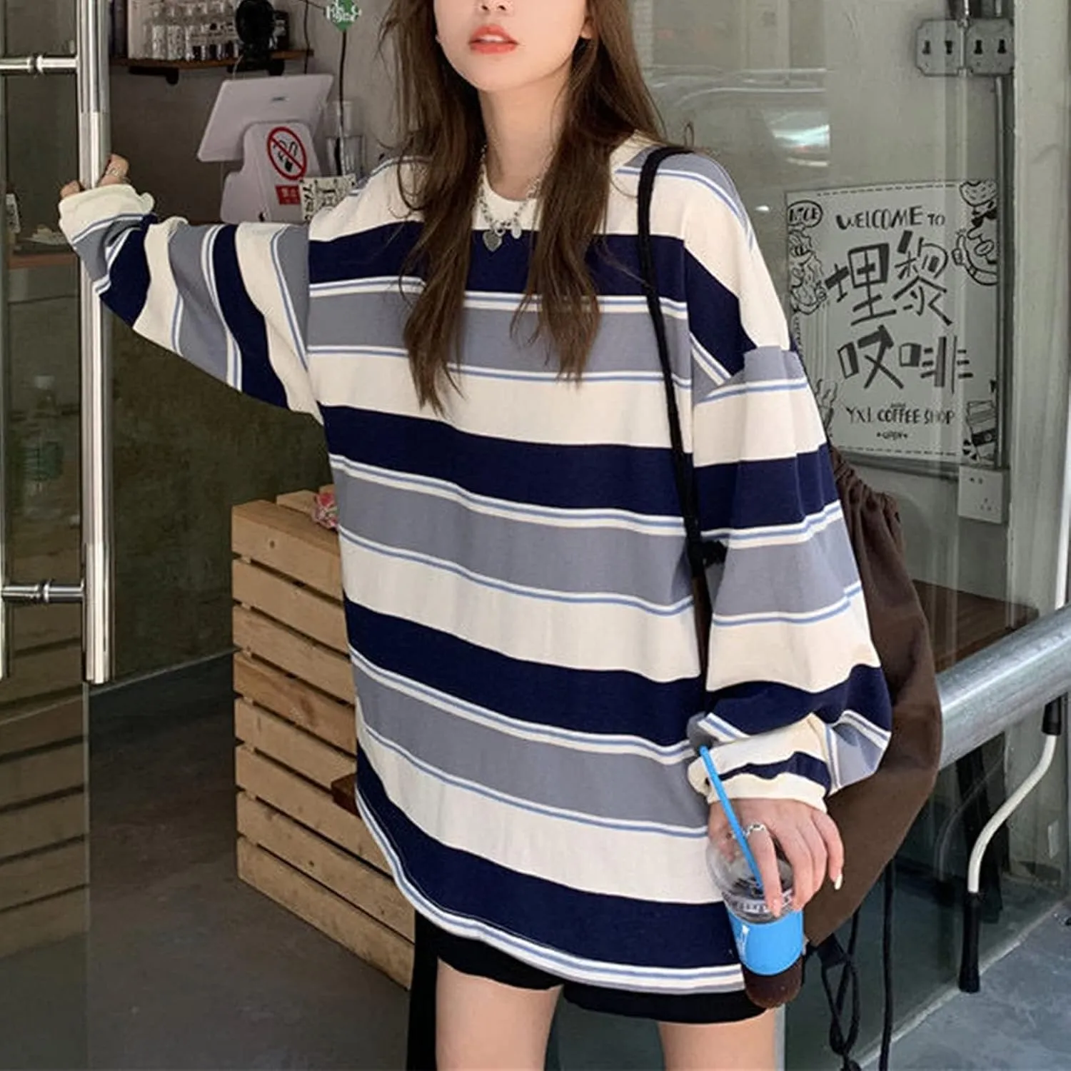 Women Harajuku Oversized Stripe Casual Long Sleeves Crewneck T-Shirt Tee Tops