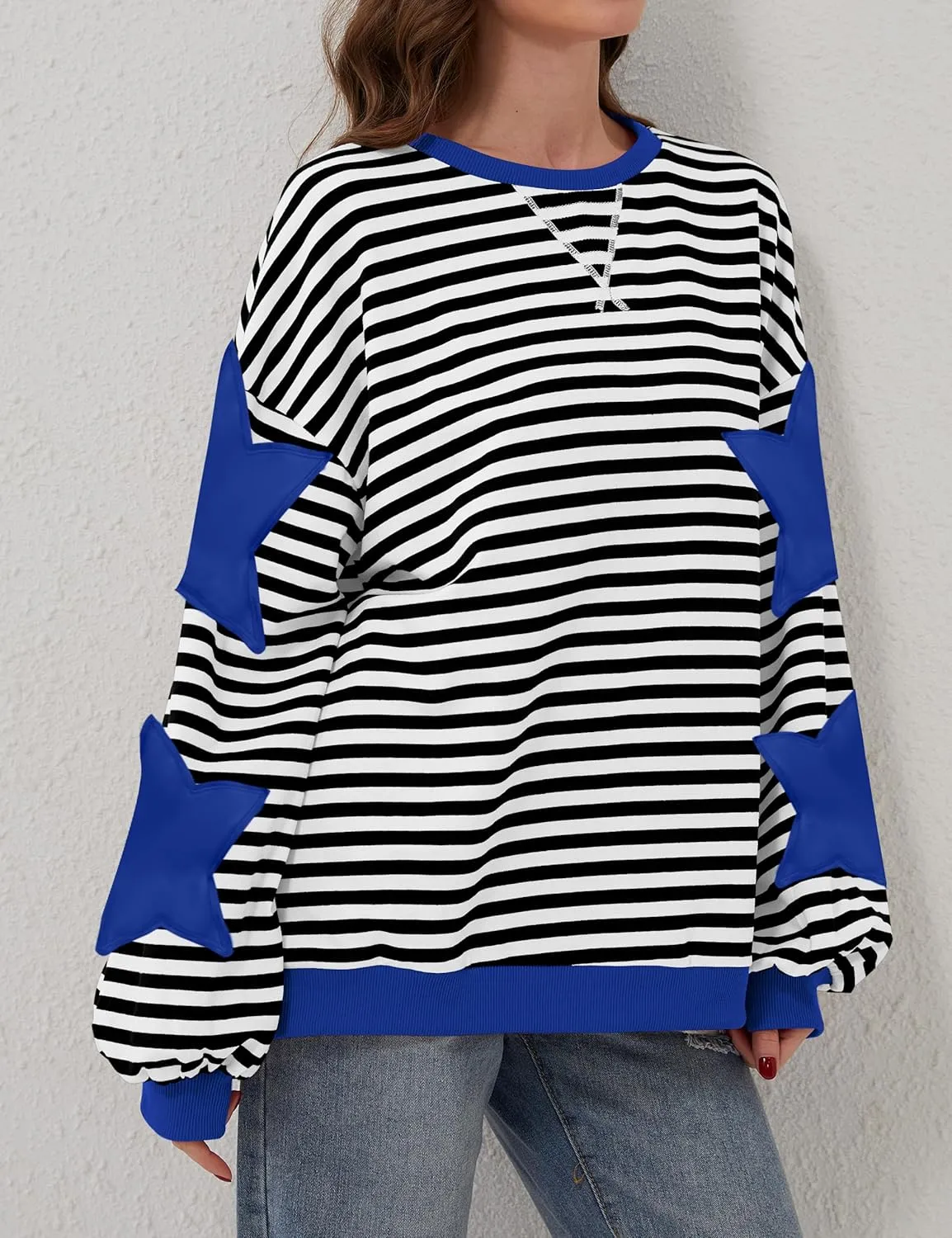 Women Oversized Striped Color Block Long Sleeve Crew Neck Sweatshirt Casual Loose Pullover Y2K Shirt Top