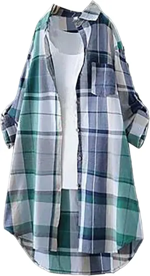 Women Plus Size Plaid Sweatshirt Casual Loose Fit Color Block Button Down Cadigan Top Trendy Long Sleeve Lapel Jacket