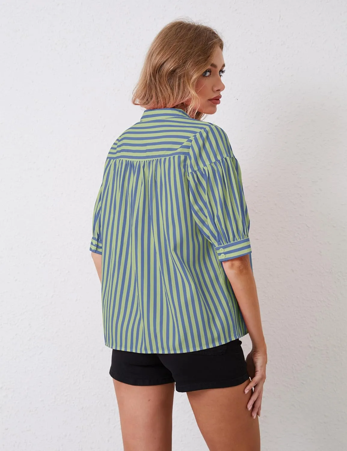 Women Puff Short Sleeve Blouses Striped V Neck Loose Business Casual Shirts Office Work Dressy T Shirt Tops