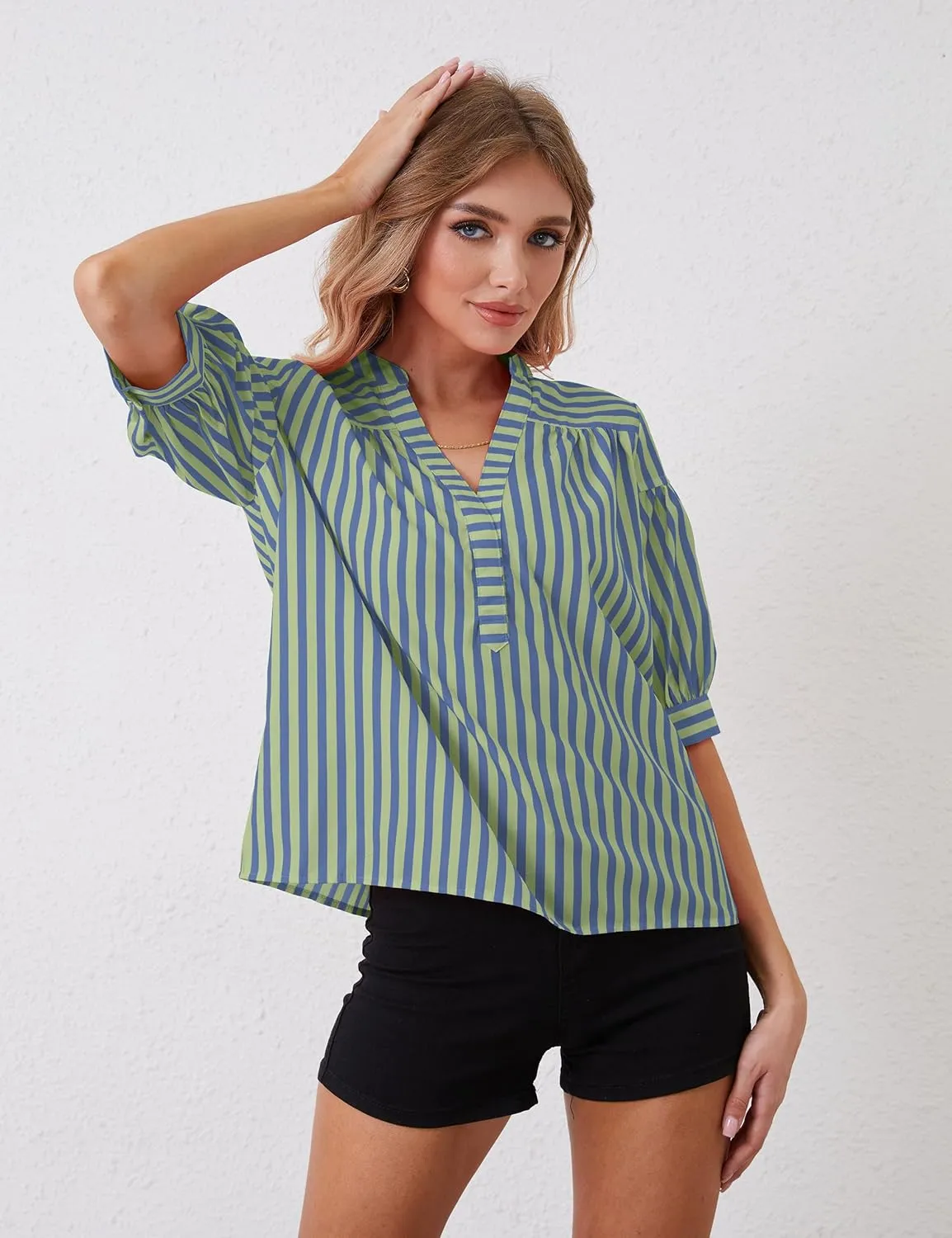 Women Puff Short Sleeve Blouses Striped V Neck Loose Business Casual Shirts Office Work Dressy T Shirt Tops