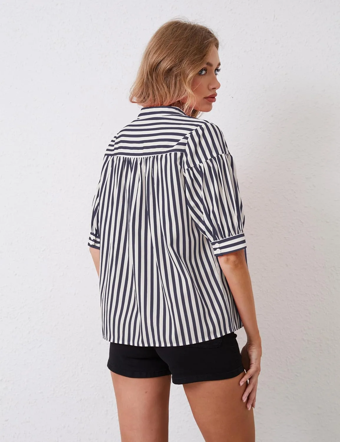 Women Puff Short Sleeve Blouses Striped V Neck Loose Business Casual Shirts Office Work Dressy T Shirt Tops