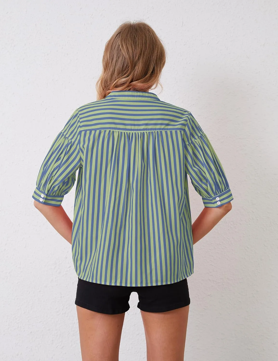 Women Puff Short Sleeve Blouses Striped V Neck Loose Business Casual Shirts Office Work Dressy T Shirt Tops