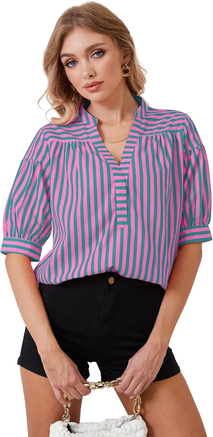 Women Puff Short Sleeve Blouses Striped V Neck Loose Business Casual Shirts Office Work Dressy T Shirt Tops