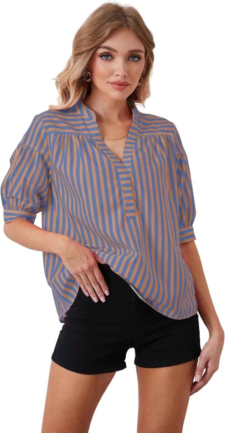 Women Puff Short Sleeve Blouses Striped V Neck Loose Business Casual Shirts Office Work Dressy T Shirt Tops