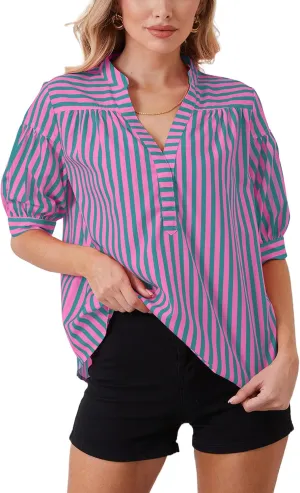 Women Puff Short Sleeve Blouses Striped V Neck Loose Business Casual Shirts Office Work Dressy T Shirt Tops