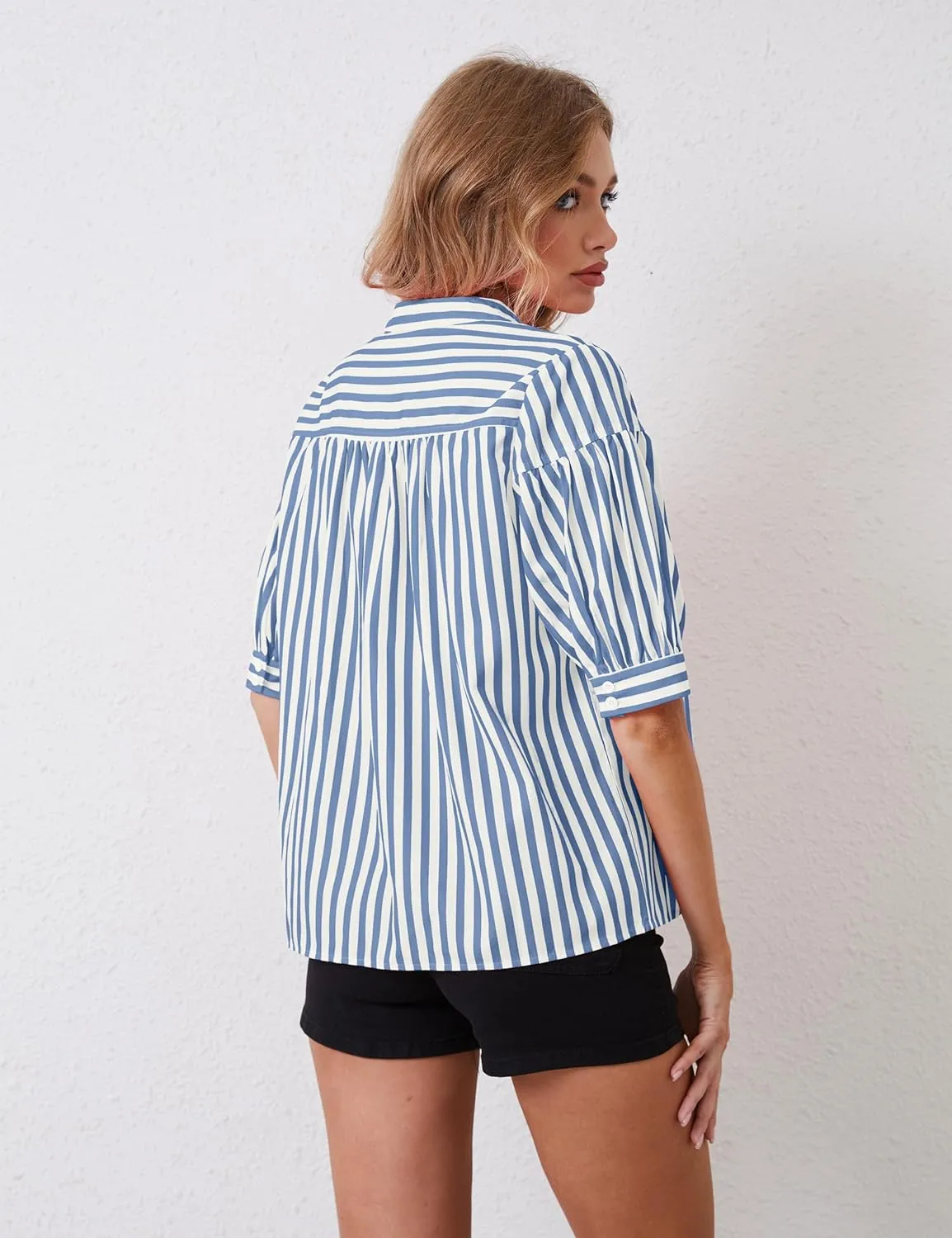 Women Puff Short Sleeve Blouses Striped V Neck Loose Business Casual Shirts Office Work Dressy T Shirt Tops