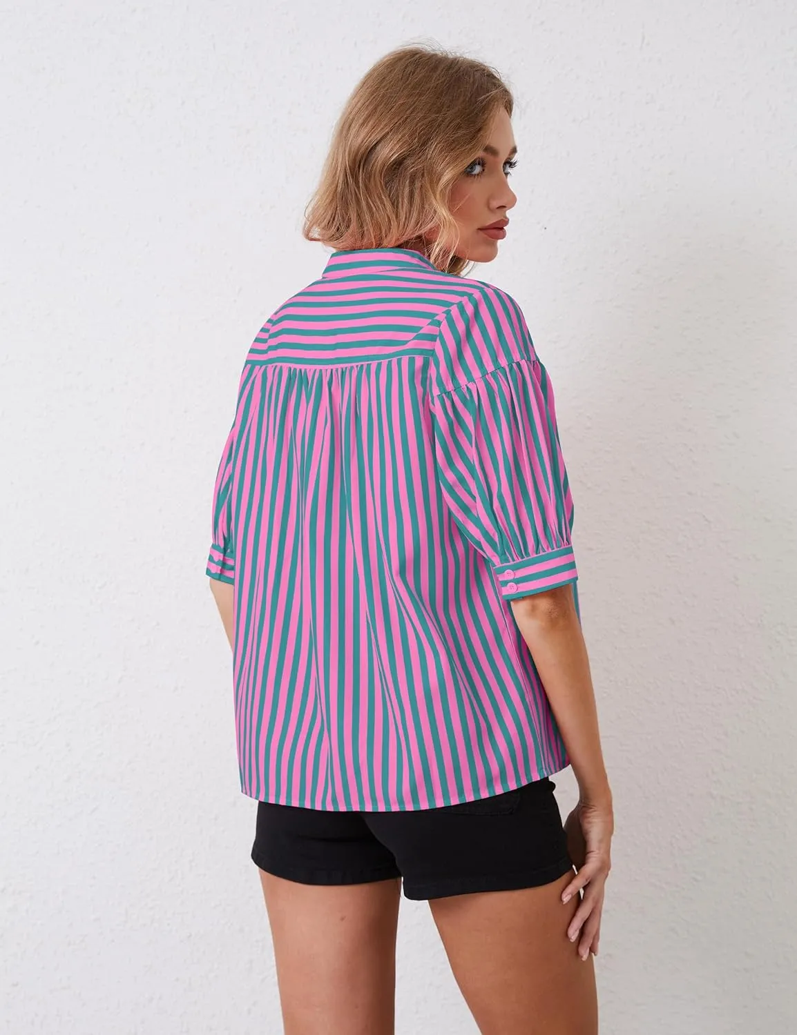 Women Puff Short Sleeve Blouses Striped V Neck Loose Business Casual Shirts Office Work Dressy T Shirt Tops