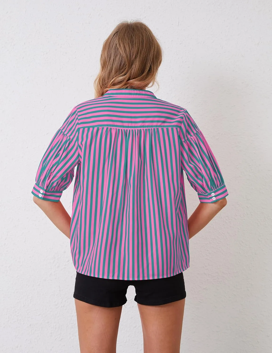 Women Puff Short Sleeve Blouses Striped V Neck Loose Business Casual Shirts Office Work Dressy T Shirt Tops