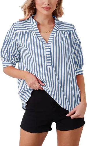 Women Puff Short Sleeve Blouses Striped V Neck Loose Business Casual Shirts Office Work Dressy T Shirt Tops