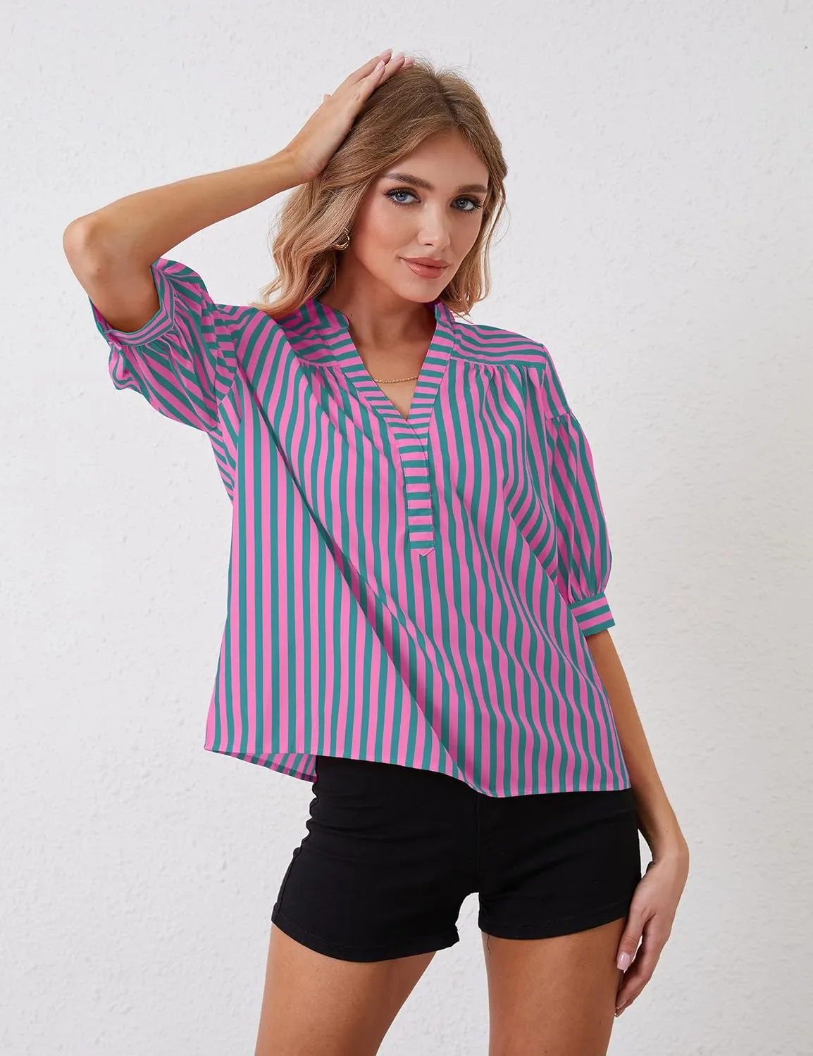 Women Puff Short Sleeve Blouses Striped V Neck Loose Business Casual Shirts Office Work Dressy T Shirt Tops