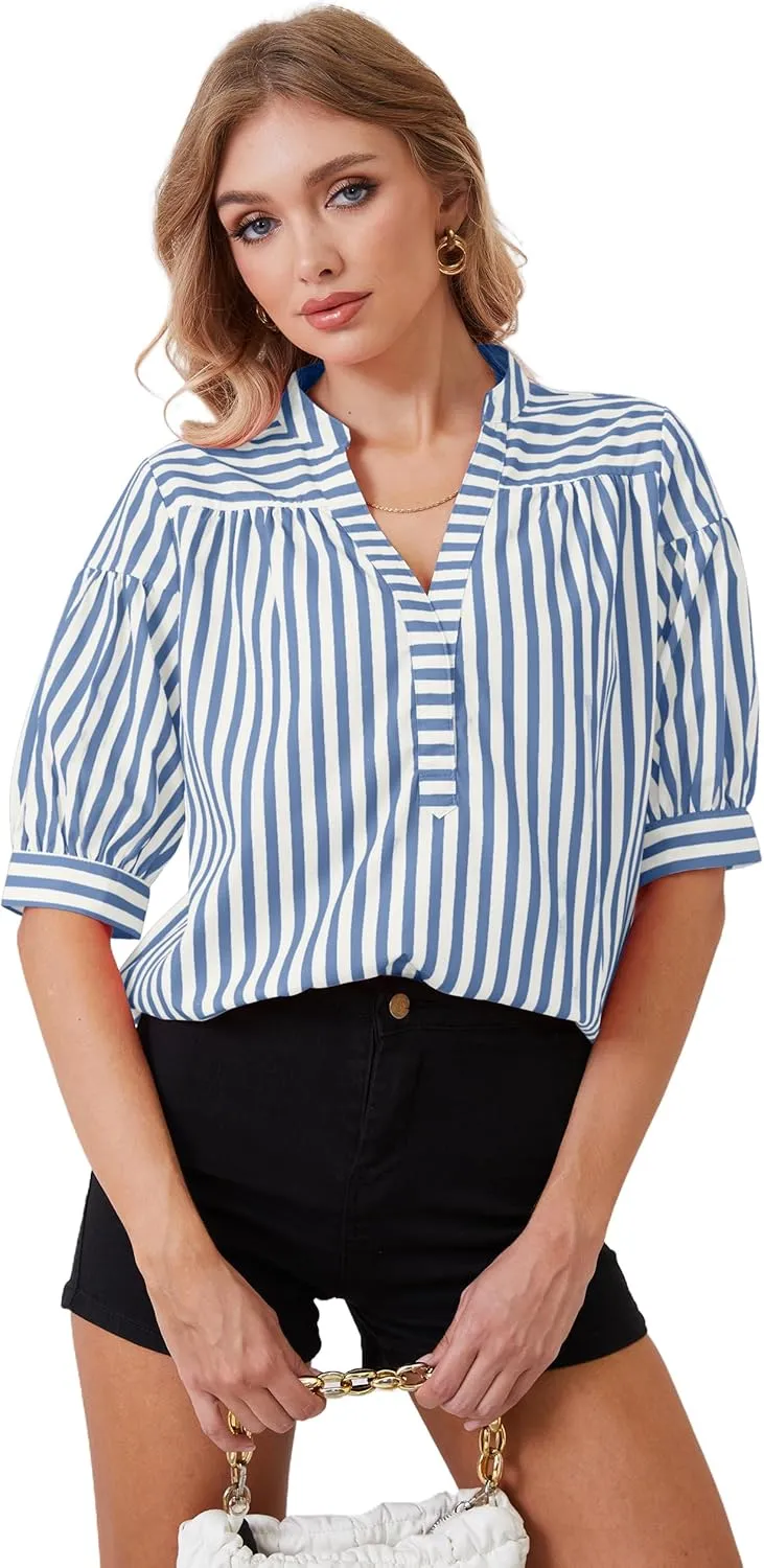 Women Puff Short Sleeve Blouses Striped V Neck Loose Business Casual Shirts Office Work Dressy T Shirt Tops