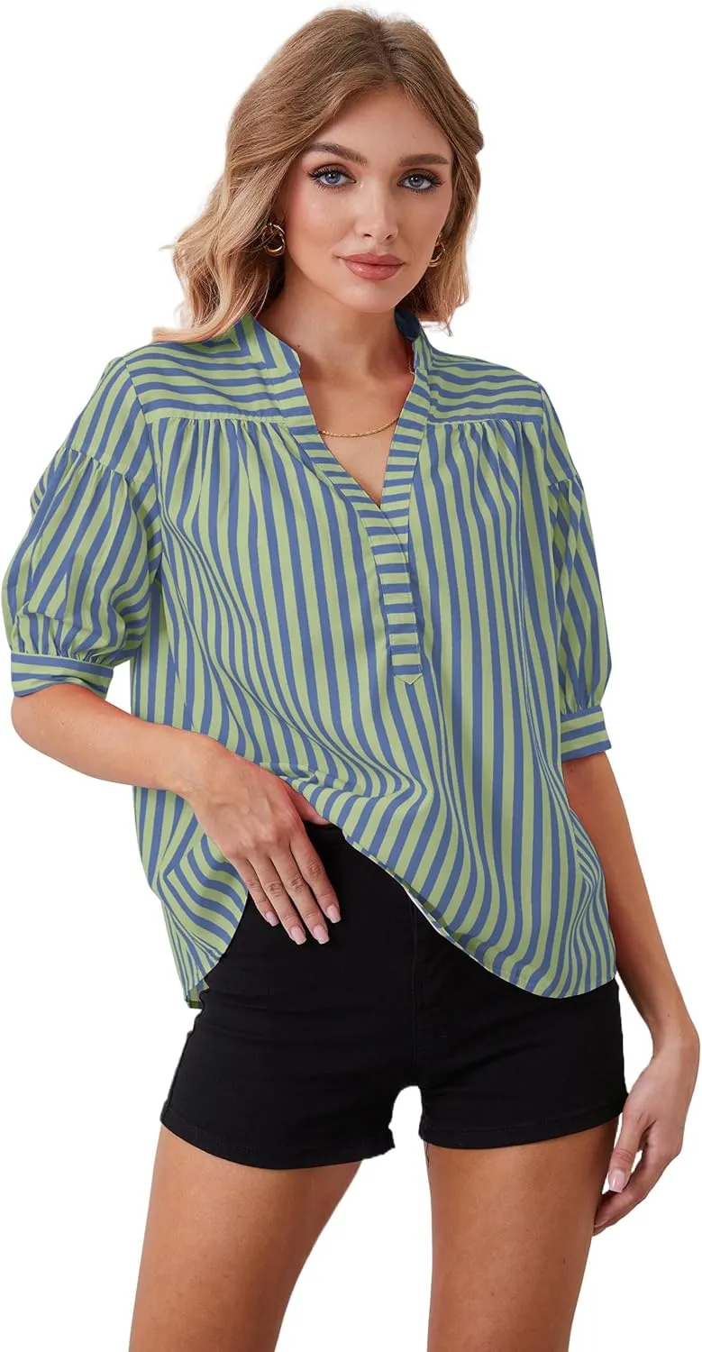 Women Puff Short Sleeve Blouses Striped V Neck Loose Business Casual Shirts Office Work Dressy T Shirt Tops