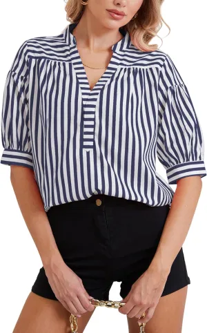 Women Puff Short Sleeve Blouses Striped V Neck Loose Business Casual Shirts Office Work Dressy T Shirt Tops