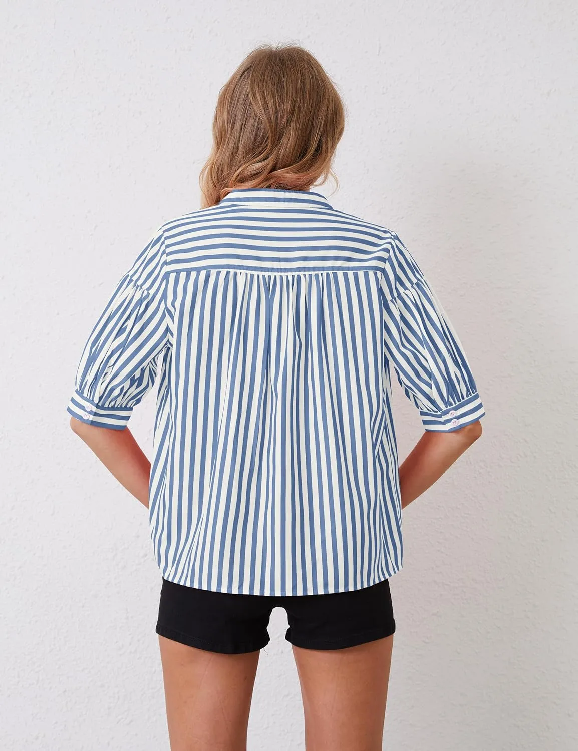 Women Puff Short Sleeve Blouses Striped V Neck Loose Business Casual Shirts Office Work Dressy T Shirt Tops