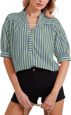 Women Puff Short Sleeve Blouses Striped V Neck Loose Business Casual Shirts Office Work Dressy T Shirt Tops