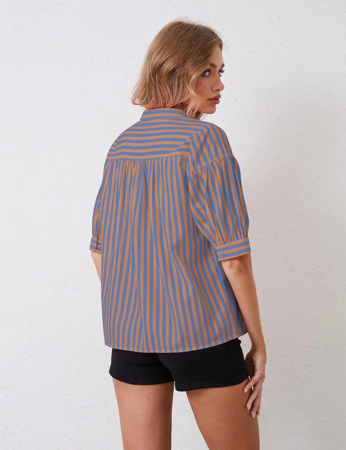 Women Puff Short Sleeve Blouses Striped V Neck Loose Business Casual Shirts Office Work Dressy T Shirt Tops