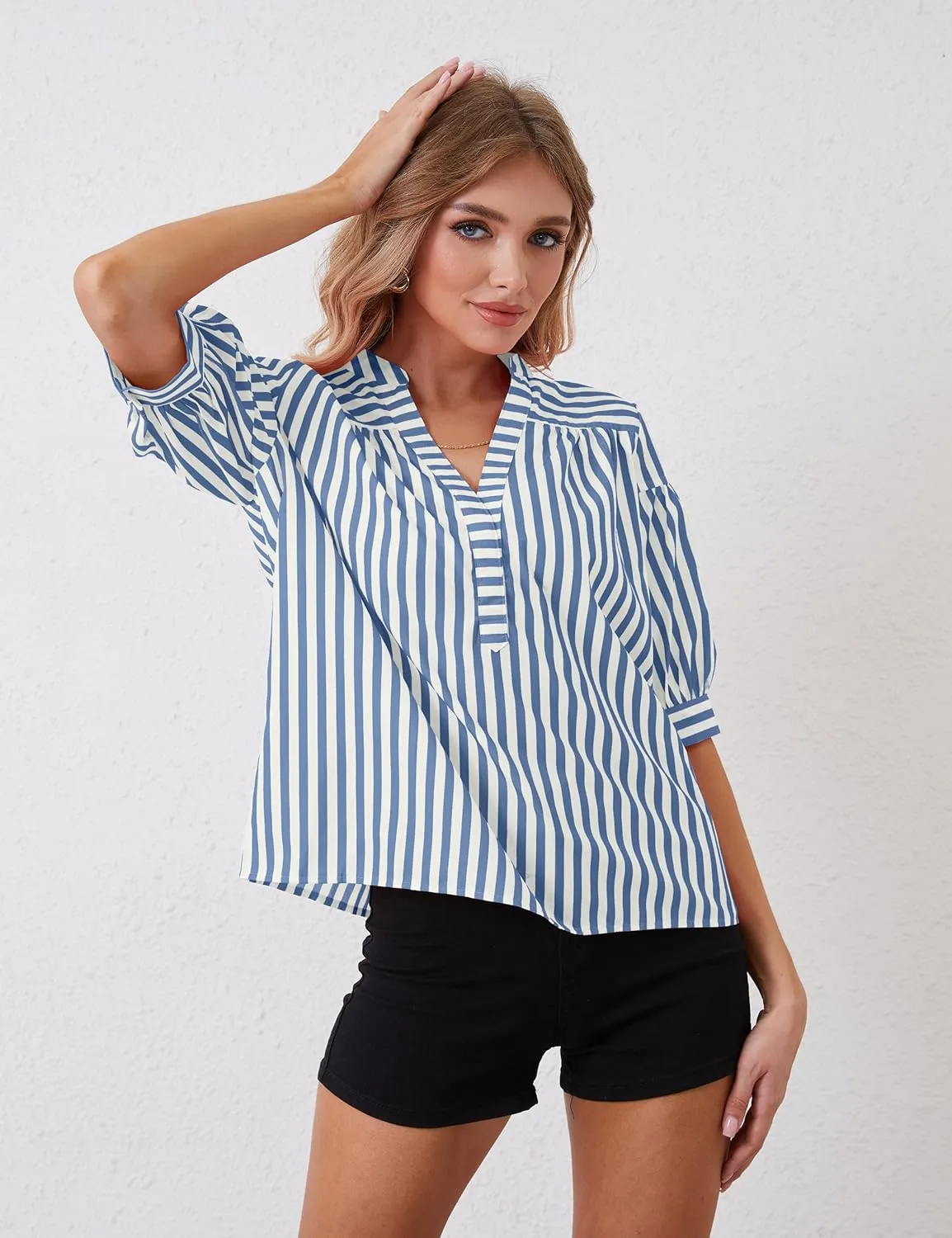 Women Puff Short Sleeve Blouses Striped V Neck Loose Business Casual Shirts Office Work Dressy T Shirt Tops