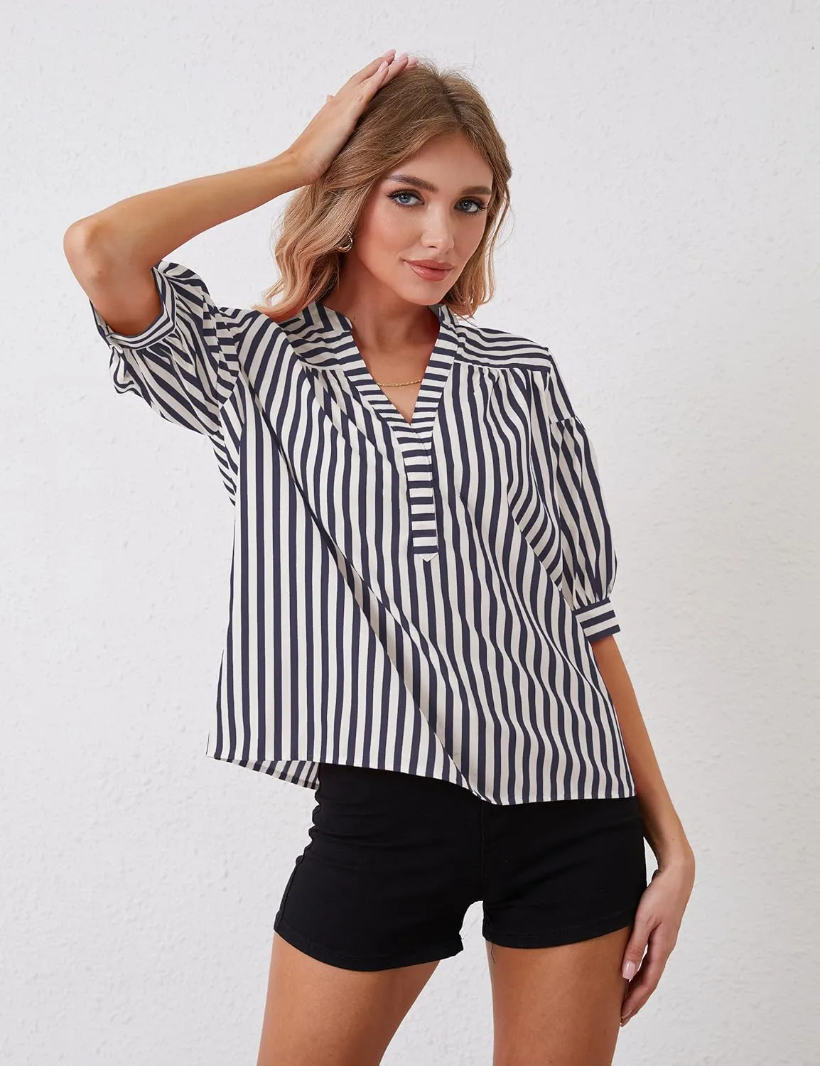 Women Puff Short Sleeve Blouses Striped V Neck Loose Business Casual Shirts Office Work Dressy T Shirt Tops