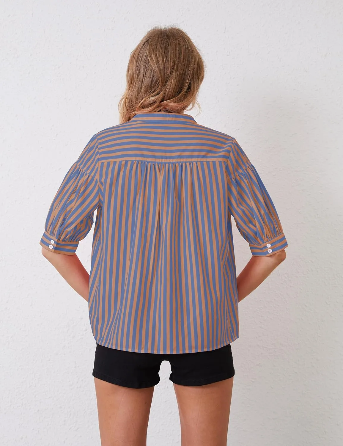 Women Puff Short Sleeve Blouses Striped V Neck Loose Business Casual Shirts Office Work Dressy T Shirt Tops