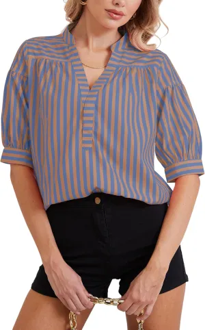Women Puff Short Sleeve Blouses Striped V Neck Loose Business Casual Shirts Office Work Dressy T Shirt Tops