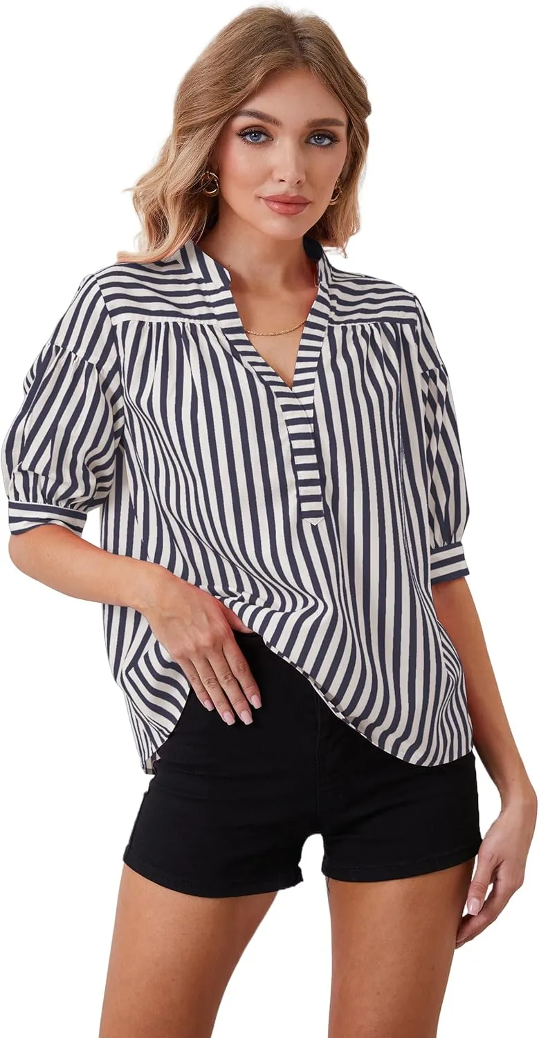 Women Puff Short Sleeve Blouses Striped V Neck Loose Business Casual Shirts Office Work Dressy T Shirt Tops
