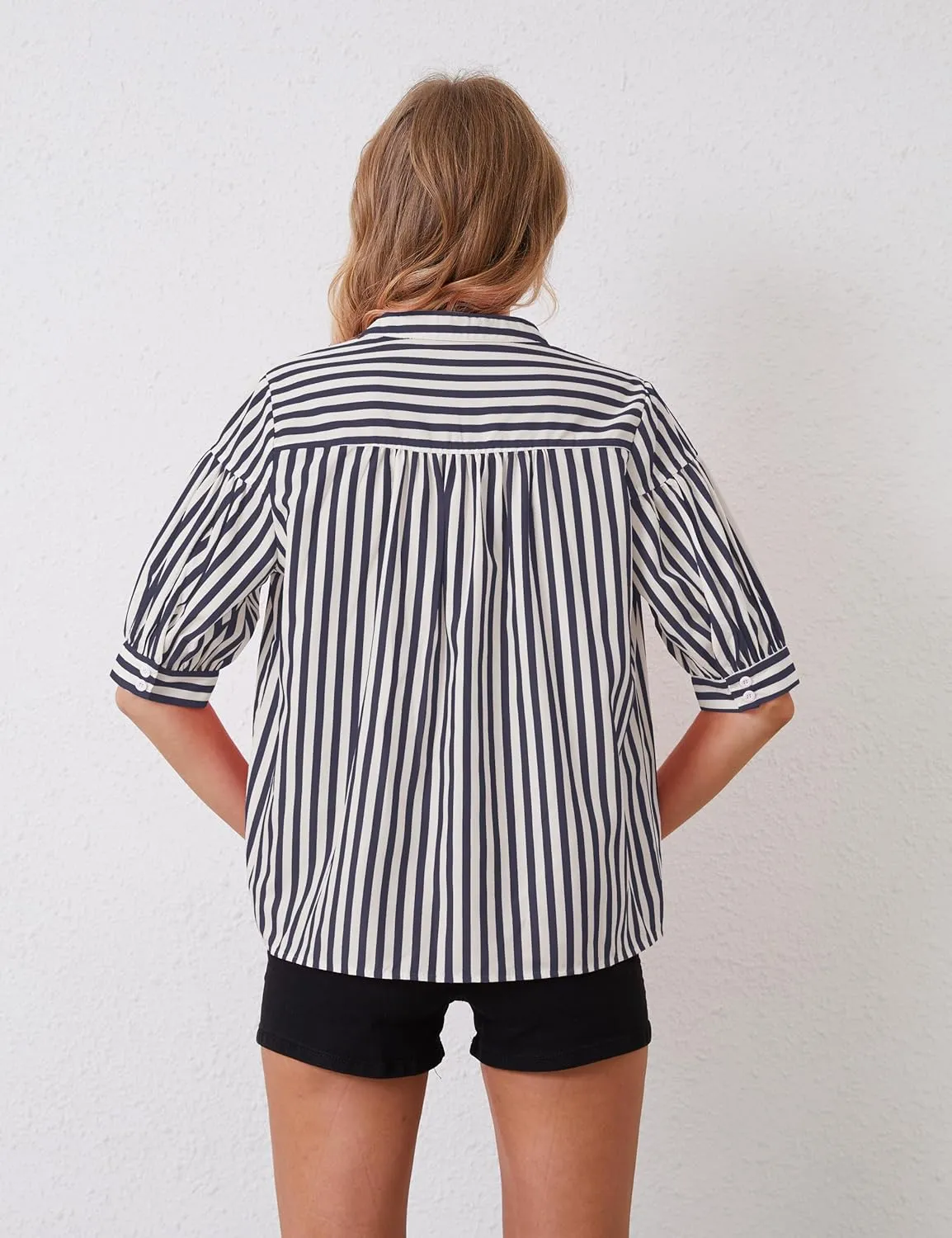 Women Puff Short Sleeve Blouses Striped V Neck Loose Business Casual Shirts Office Work Dressy T Shirt Tops