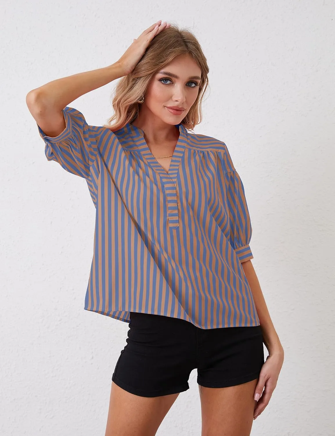 Women Puff Short Sleeve Blouses Striped V Neck Loose Business Casual Shirts Office Work Dressy T Shirt Tops