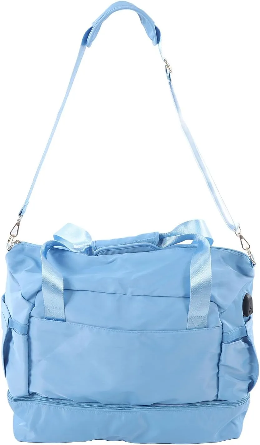 Women Sports Gym Bag Multiple Pockets Large Capacity Water Prevent Workout Travel Bag With Usb Charging Port For Fitness Yoga (Light Blue)