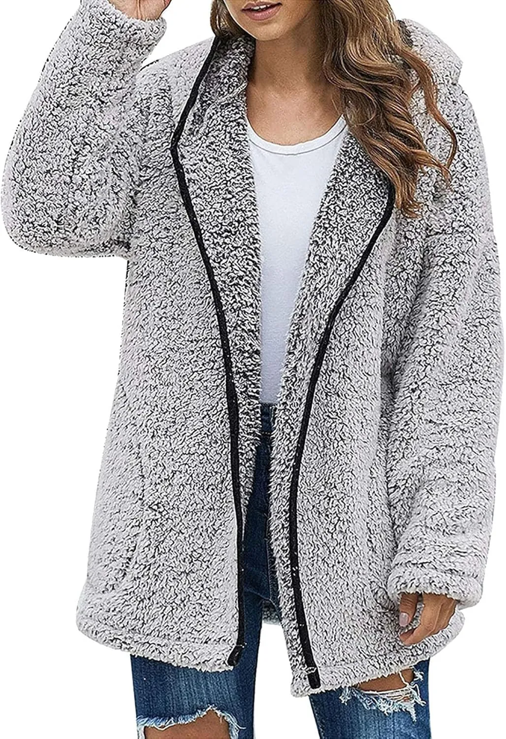 Women's 2023 Fuzzy Fleece Winter Coat Lapel Long Sleeve Teddy Bear Warm Jackets Faux Fur Outwear Sherpa Jacket Cardigan
