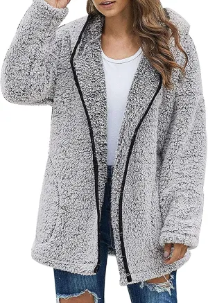 Women's 2023 Fuzzy Fleece Winter Coat Lapel Long Sleeve Teddy Bear Warm Jackets Faux Fur Outwear Sherpa Jacket Cardigan