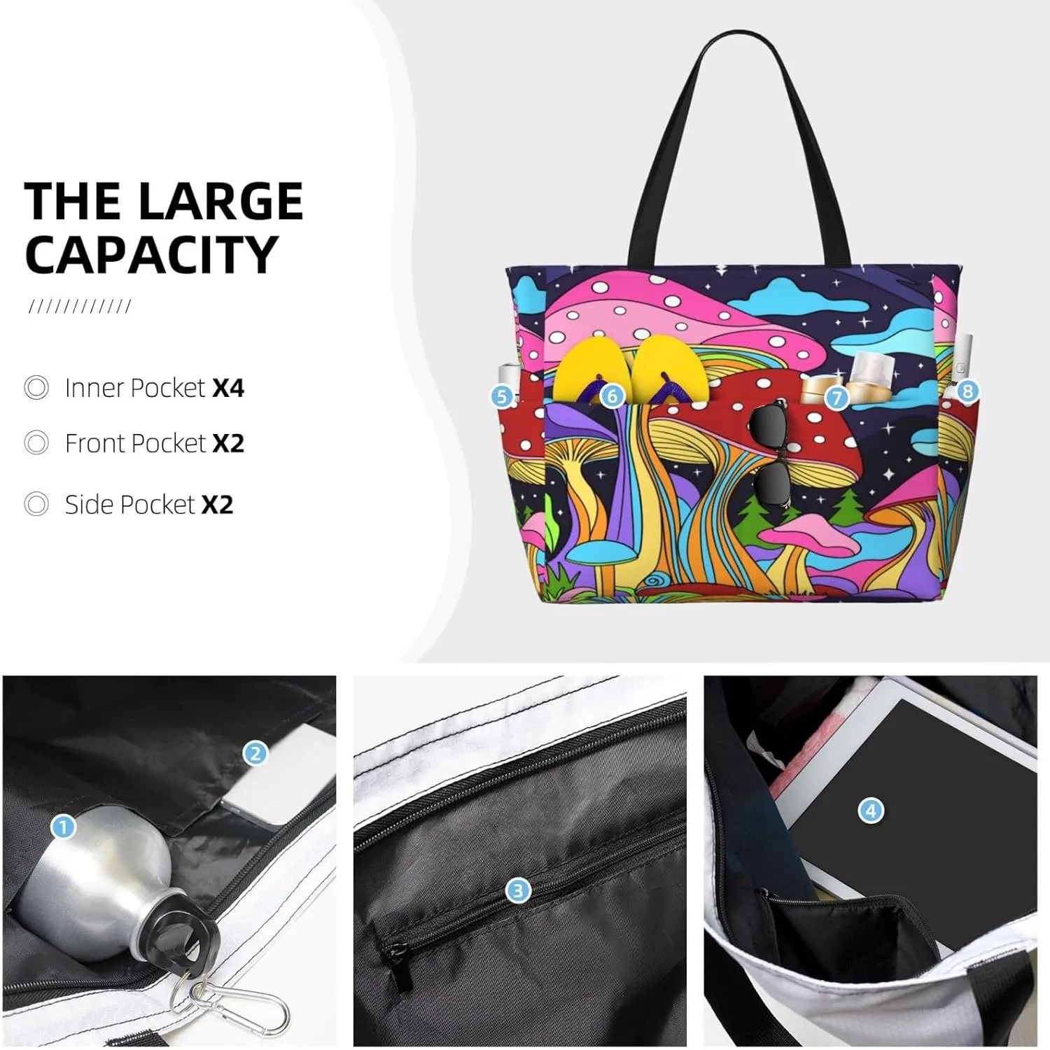 Women's Beach Travel Bags Large Waterproof Tote Bag with Pockets Sandproof Handbag for Beach Gym Vacation