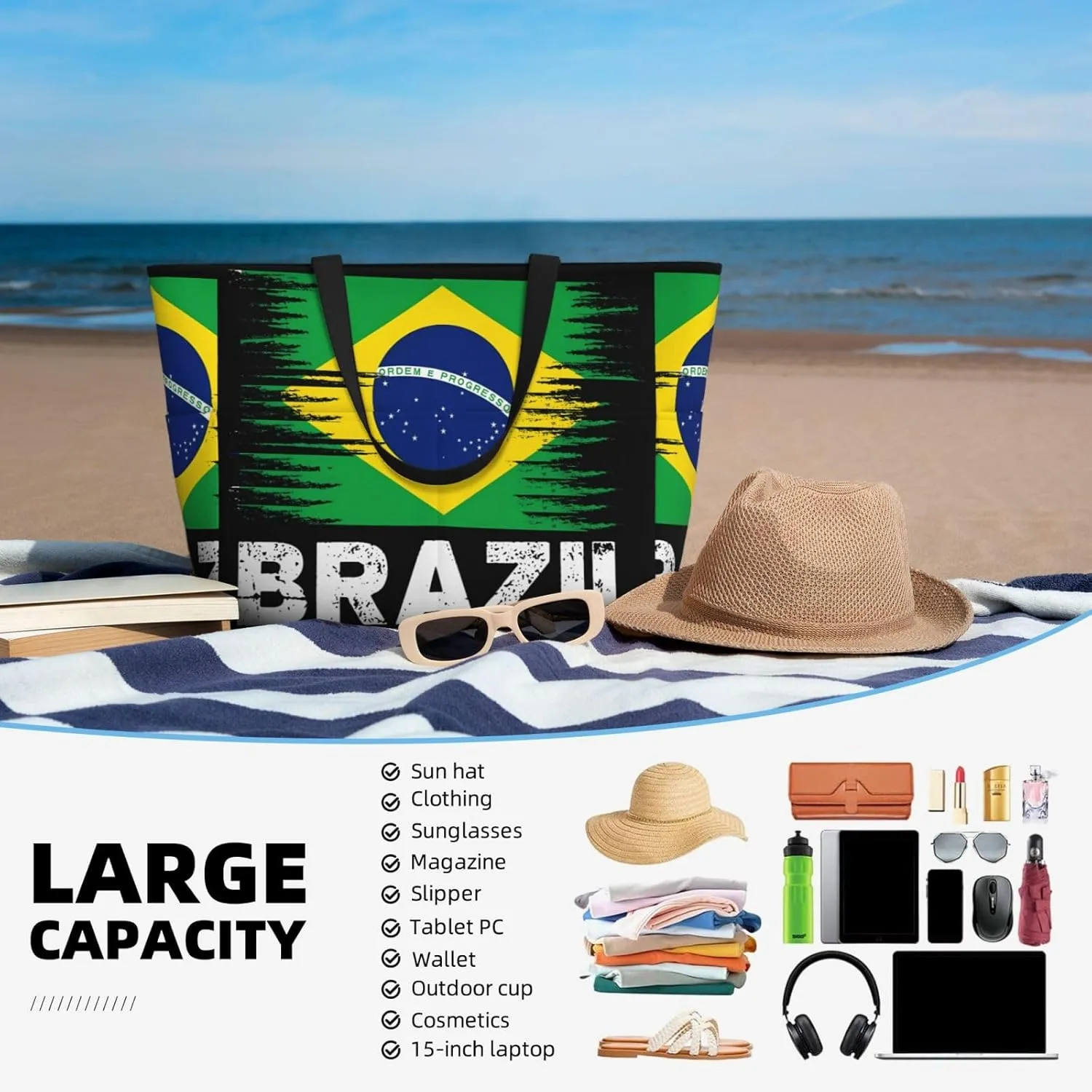 Women's Beach Travel Bags Large Waterproof Tote Bag with Pockets Sandproof Handbag for Beach Gym Vacation