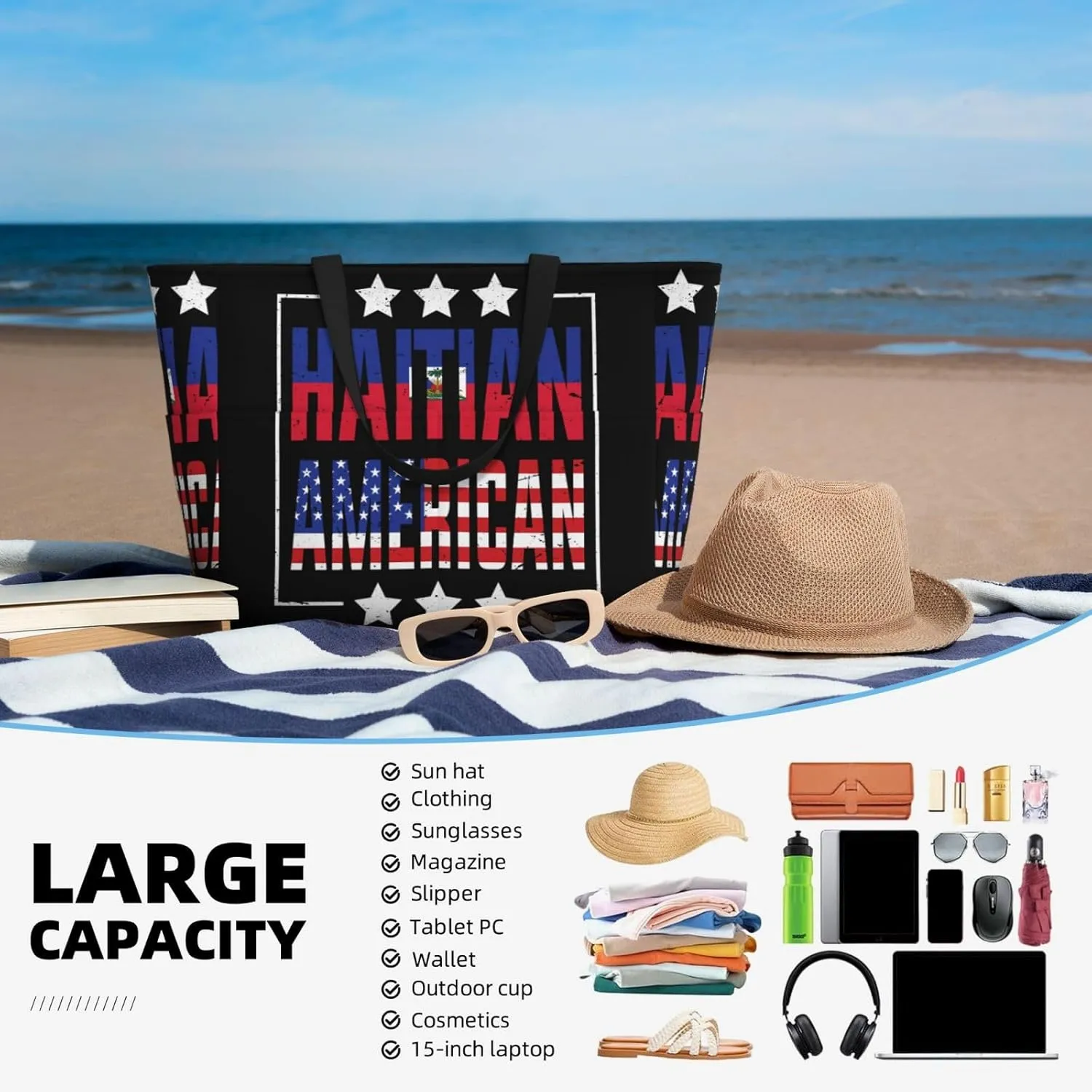 Women's Beach Travel Bags Large Waterproof Tote Bag with Pockets Sandproof Handbag for Beach Gym Vacation