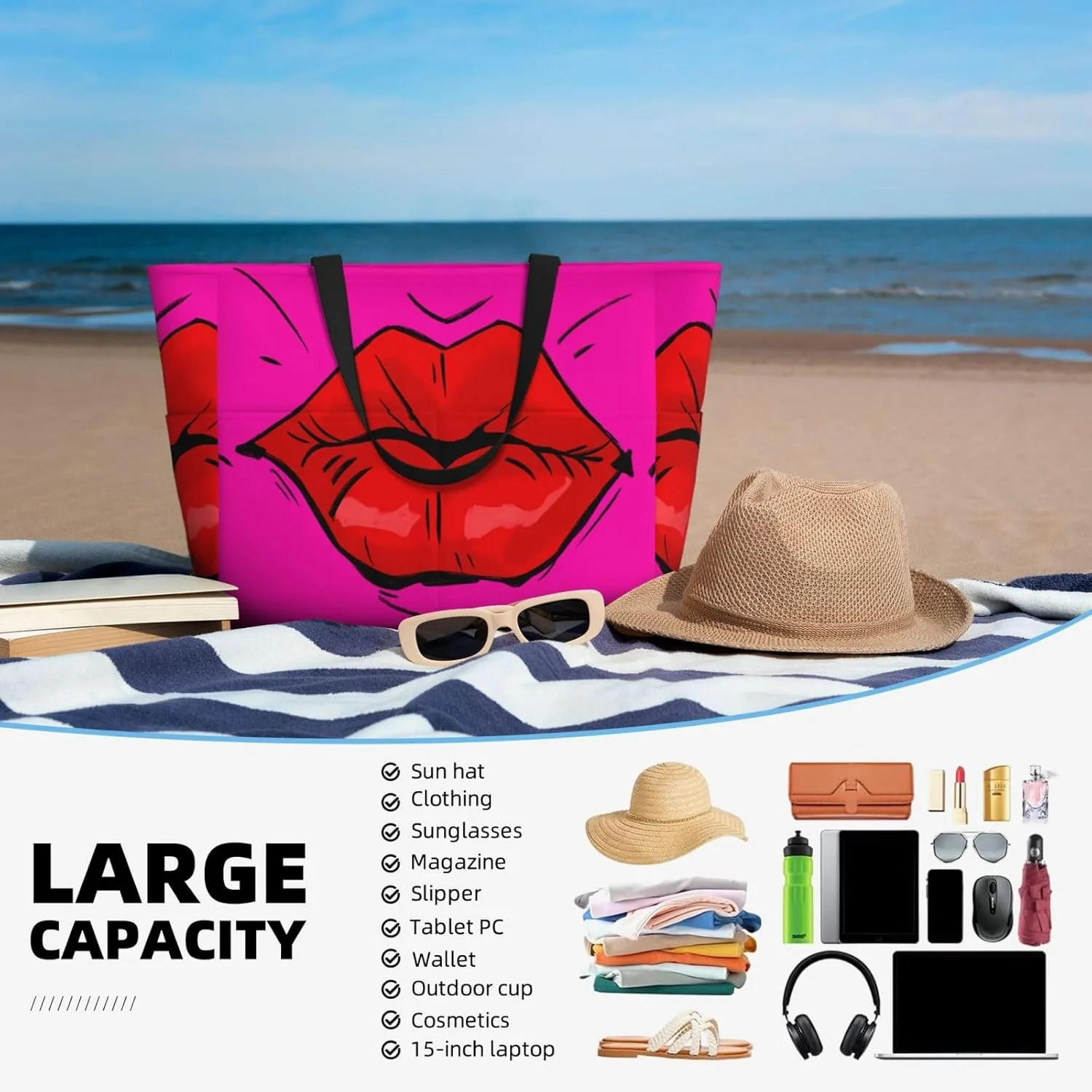 Women's Beach Travel Bags Large Waterproof Tote Bag with Pockets Sandproof Handbag for Beach Gym Vacation