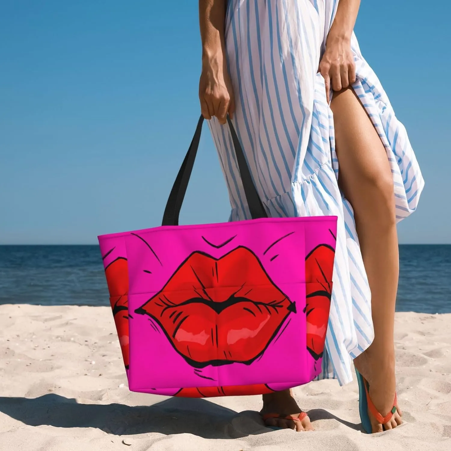 Women's Beach Travel Bags Large Waterproof Tote Bag with Pockets Sandproof Handbag for Beach Gym Vacation