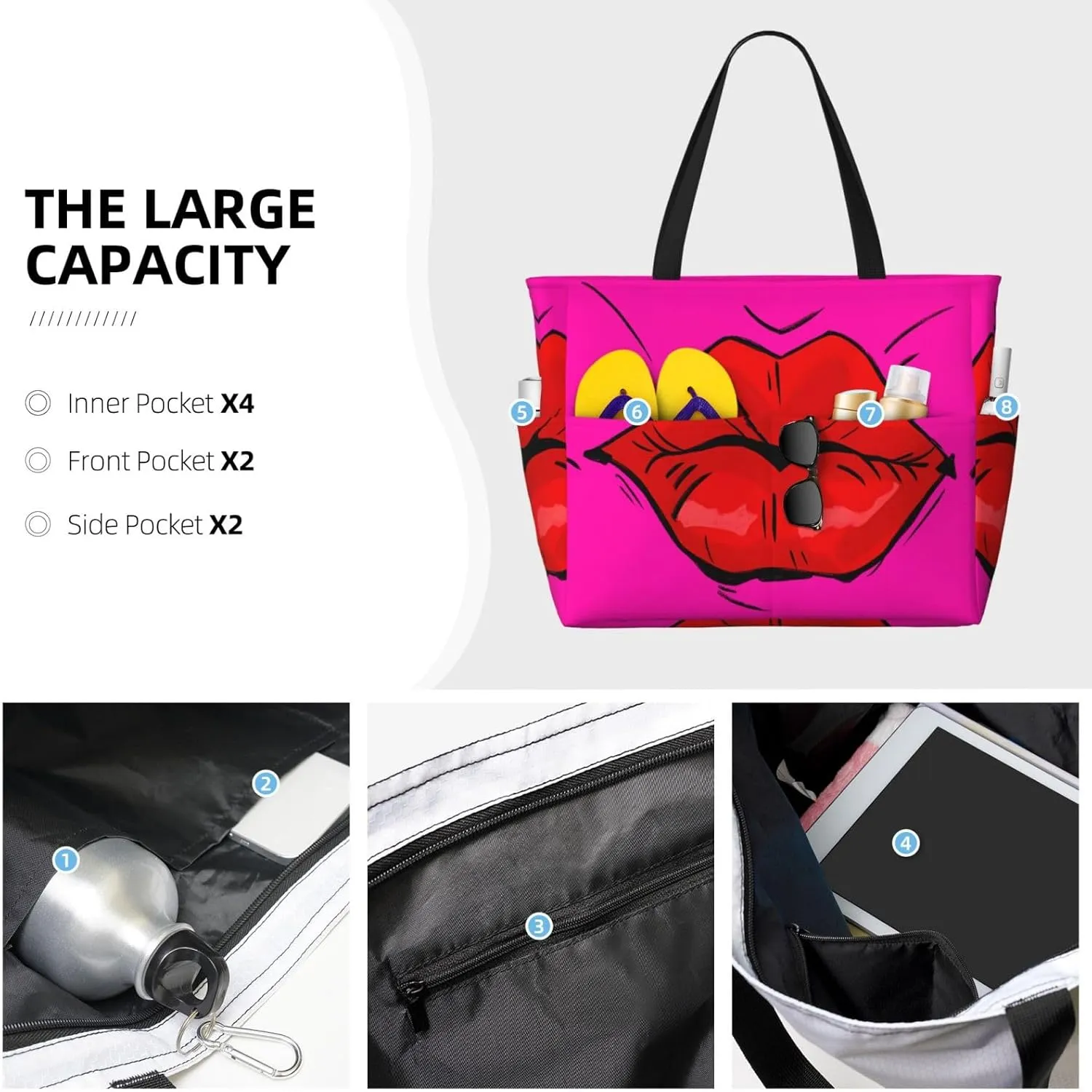 Women's Beach Travel Bags Large Waterproof Tote Bag with Pockets Sandproof Handbag for Beach Gym Vacation