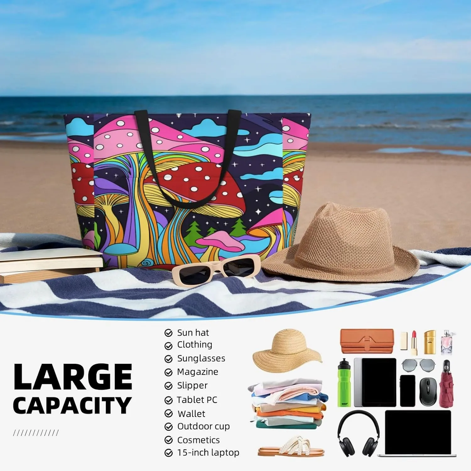 Women's Beach Travel Bags Large Waterproof Tote Bag with Pockets Sandproof Handbag for Beach Gym Vacation