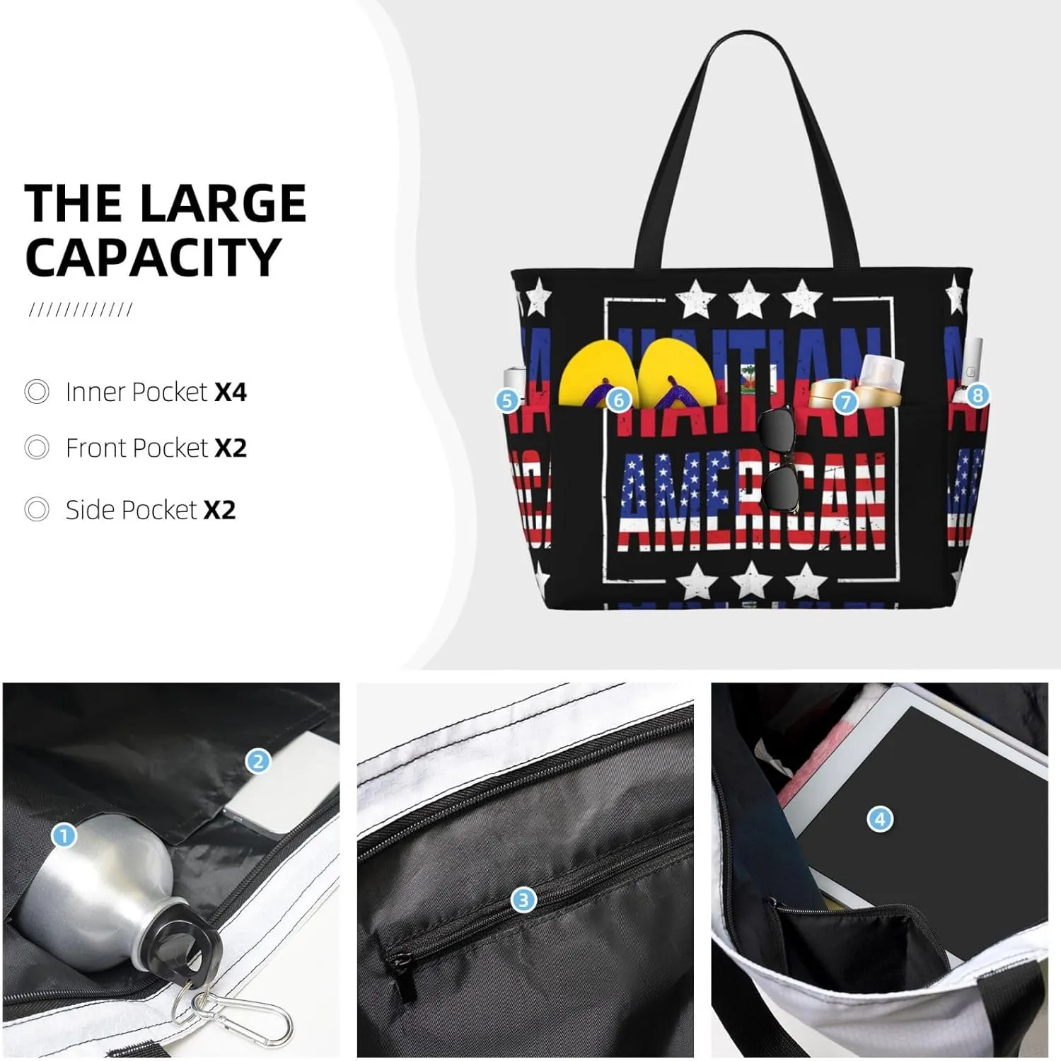 Women's Beach Travel Bags Large Waterproof Tote Bag with Pockets Sandproof Handbag for Beach Gym Vacation