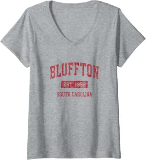 Womens Bluffton South Carolina SC Vintage Sports Design Red Design V-Neck T-Shirt